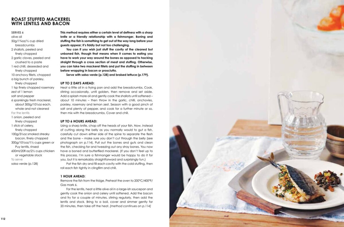 Roast stuffed mackerel with lentils and bacon. James Ramsden / Let's Do Dinner