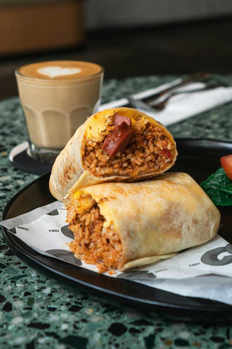 Burrito and a coffee. 